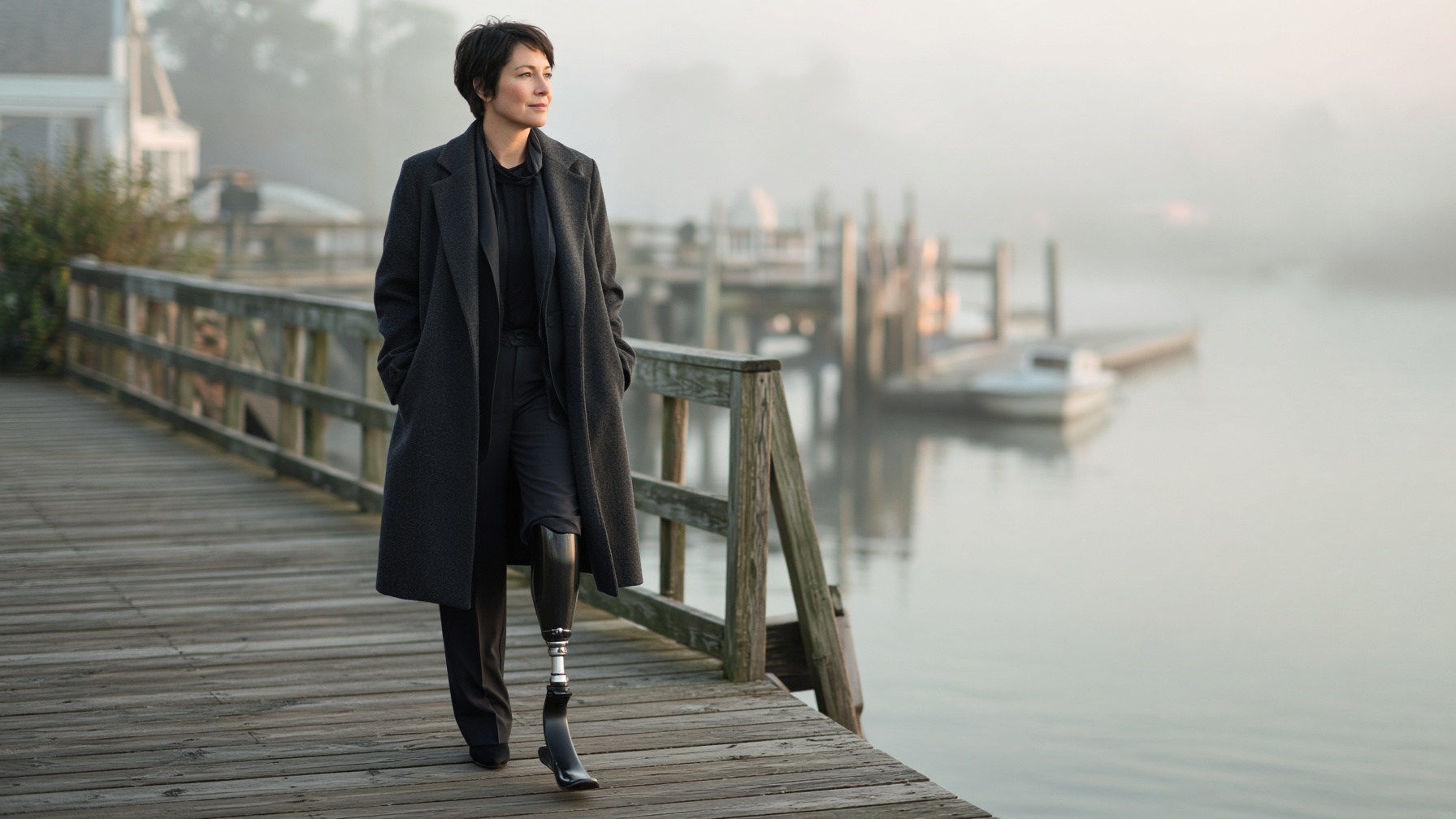 A woman walking a foggy harbor boardwalk wearing a below-knee prosthesis