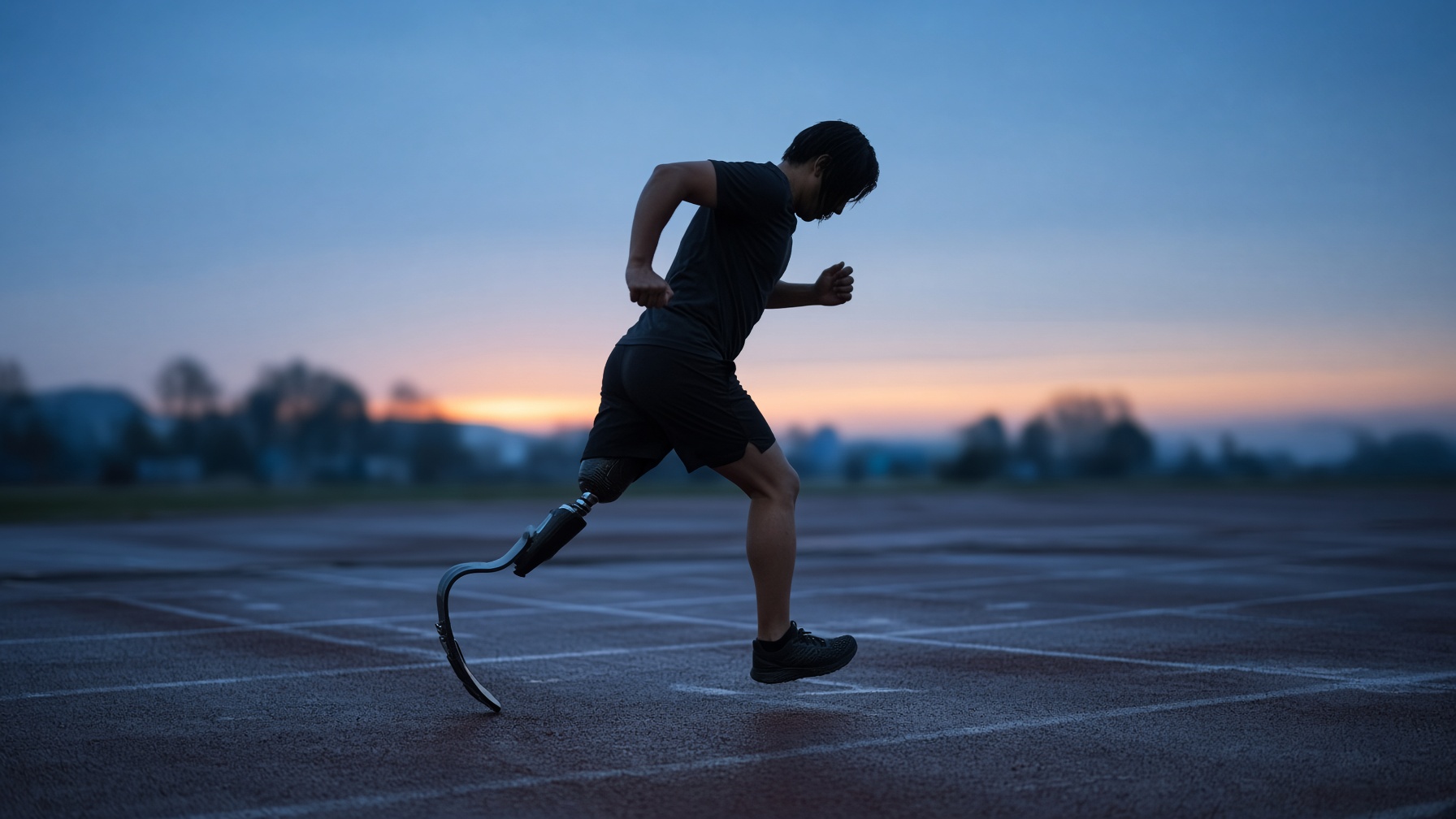 A runner at dawn pushing off a carbon running blade on a track